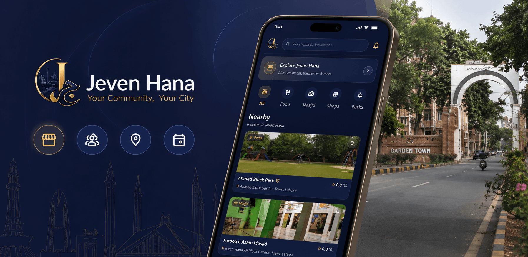 Jevan Hana app showing nearby places in Garden Town, Lahore